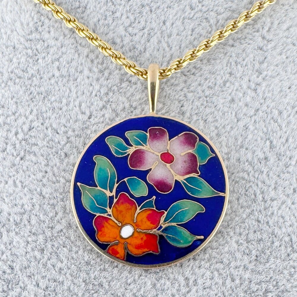Vintage 14K Gold Cloisonné Pendant by Daid Kuo Enameled Flowers 18 In Necklace